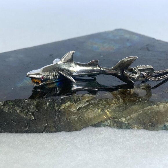 VTG Sterling Silver 925 3 Dimensional Great White Shark Pendant Necklace 24" - Picture 6 of 16